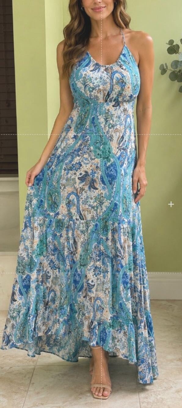 Color Block Blue Paisley Open Back Maxi Dress Small NWT Boho Resort